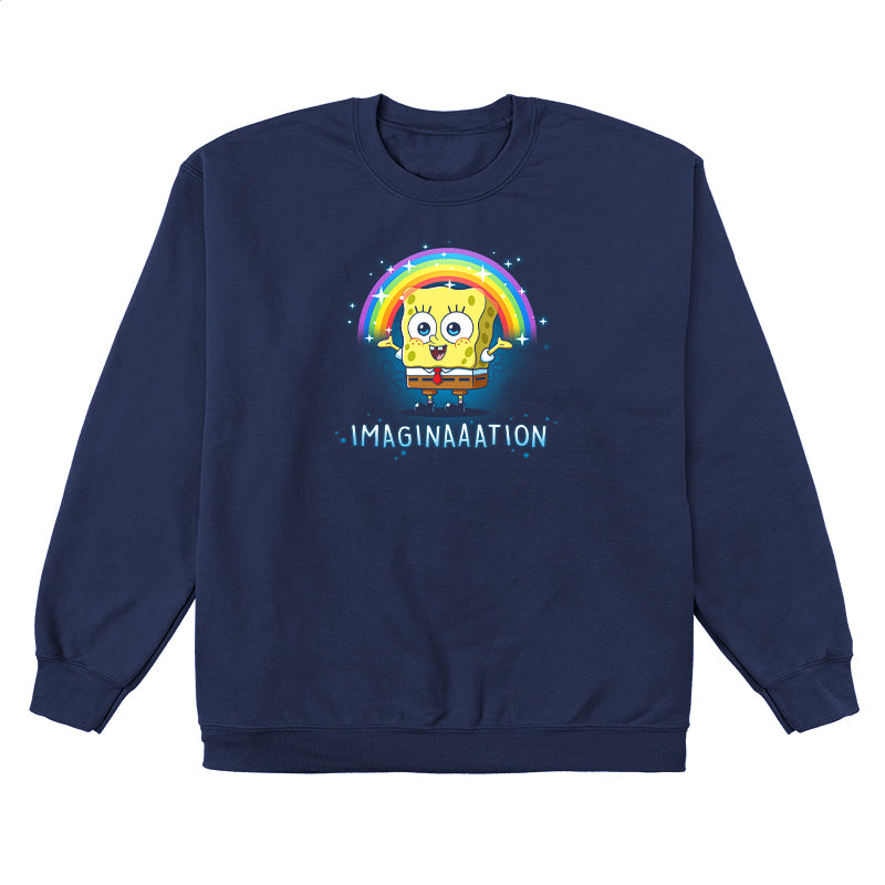 Crew Neck Sweatshirt_TeeTurtle navy blue Imagination apparel featuring Spongebob Squarepants with his arms spread, and a rainbow above his head.
