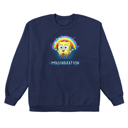 Crew Neck Sweatshirt_TeeTurtle navy blue Imagination apparel featuring Spongebob Squarepants with his arms spread, and a rainbow above his head.