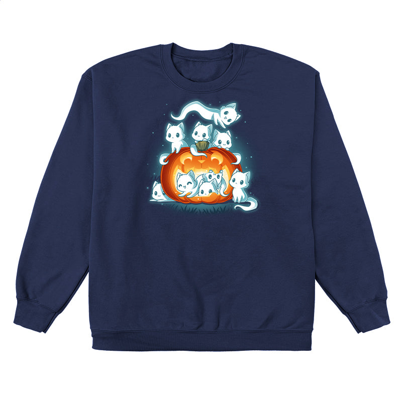 Crew Neck Sweatshirt_TeeTurtle navy blue Pawssessed Pumpkin apparel featuring a giant jack-o'-lantern with nine ghost cats in various playful poses around it.
