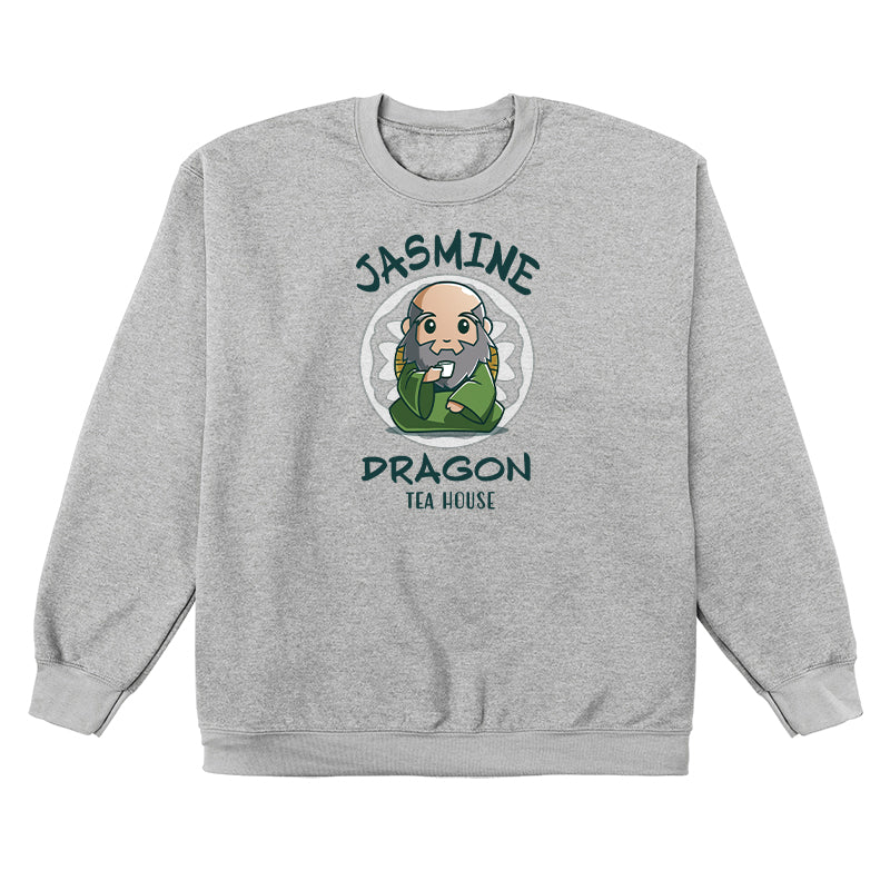 Crew Neck Sweatshirt_TeeTurtle heather gray Jasmine Dragon Tea House apparel featuring Iroh holding a teacup.