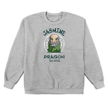 Crew Neck Sweatshirt_TeeTurtle heather gray Jasmine Dragon Tea House apparel featuring Iroh holding a teacup.