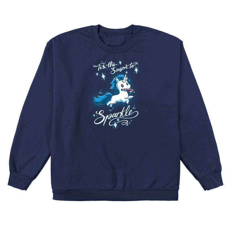 Crew Neck Sweatshirt_TeeTurtle navy blue 'Tis The Season To Sparkle apparel featuring a leaping unicorn with a candy cane in its mouth surrounded by sparkles, with the caption, “'Tis The Season To Sparkle“.