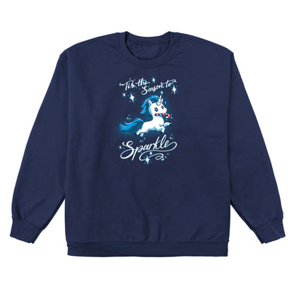 Crew Neck Sweatshirt_TeeTurtle navy blue 'Tis The Season To Sparkle apparel featuring a leaping unicorn with a candy cane in its mouth surrounded by sparkles, with the caption, “'Tis The Season To Sparkle“.