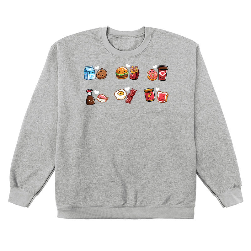 Crew Neck Pullover_TeeTurtle heather gray Taste Buddies Crew Neck Pullover featuring six pairs of food with smiling faces and a heart between each pair.
