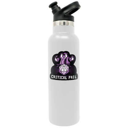 A Critical Fail Sticker water bottle with a purple TeeTurtle logo on it, made of water-resistant vinyl.