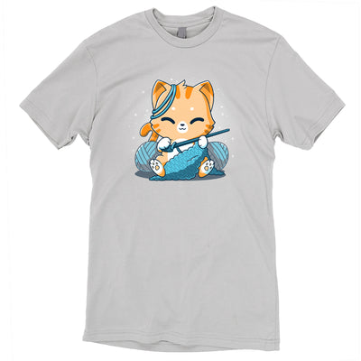 Premium Cotton T-shirt_TeeTurtle Crochet Kitty silver gray apparel featuring a cute orange cat crocheting something and surrounded by yarn balls.
