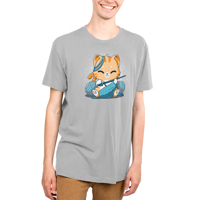 Premium Cotton T-shirt_TeeTurtle Crochet Kitty silver gray apparel featuring a cute orange cat crocheting something and surrounded by yarn balls.