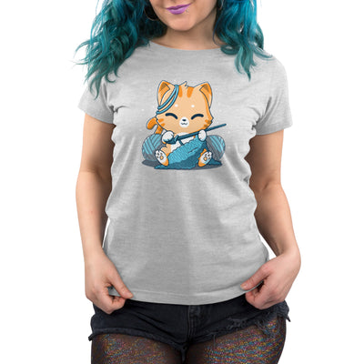 Premium Cotton T-shirt_TeeTurtle Crochet Kitty silver gray apparel featuring a cute orange cat crocheting something and surrounded by yarn balls.
