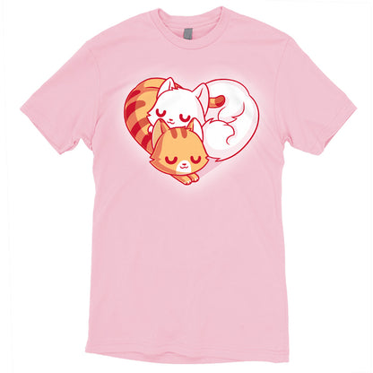 A pink TeeTurtle T-shirt with Cuddling Kitties in a heart shape.