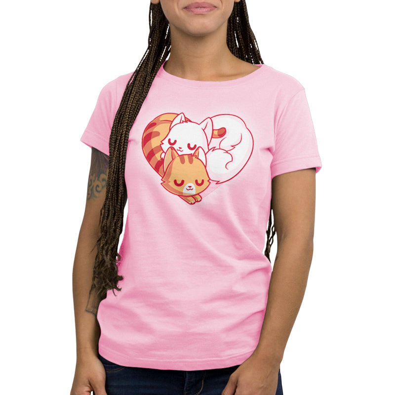 A TeeTurtle women's pink t-shirt featuring the Cuddling Kitties cuddle buddy cat.