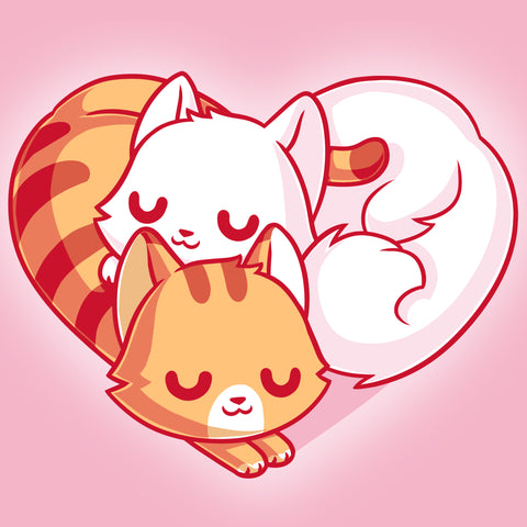 square-image-grid-Premium Cotton T-shirt_TeeTurtle light pink Cuddling Kitties apparel featuring two cats snuggling together, forming a heart shape with their bodies and tails.