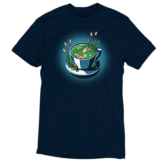A navy blue Tee featuring an illustration of a coffee cup filled with pond water, lily pads, and fish, creating a mini-ecosystem. This Cup of Koi T-shirt from monsterdigital is crafted from super soft ringspun cotton for exceptional comfort.
