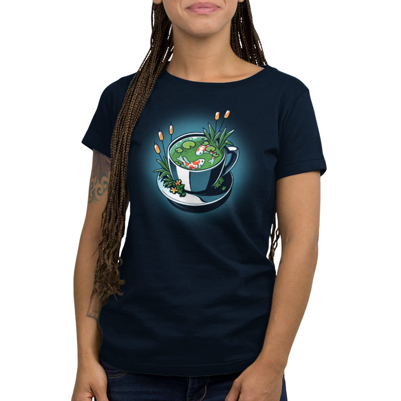 A navy blue women's t-shirt with an image of a Cup of Koi by TeeTurtle.