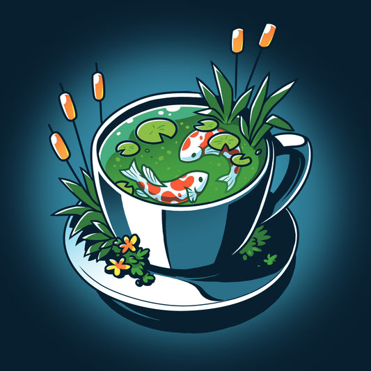 Illustration of a dark blue teacup filled with green liquid, two koi fish, lily pads, and aquatic plants, placed on a saucer with more greenery around—all beautifully rendered on a Cup of Koi T-shirt by monsterdigital in super soft ringspun cotton.