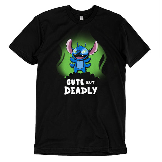 An officially licensed Disney black t-shirt featuring Cute But Deadly Stitch, decorated with the words 