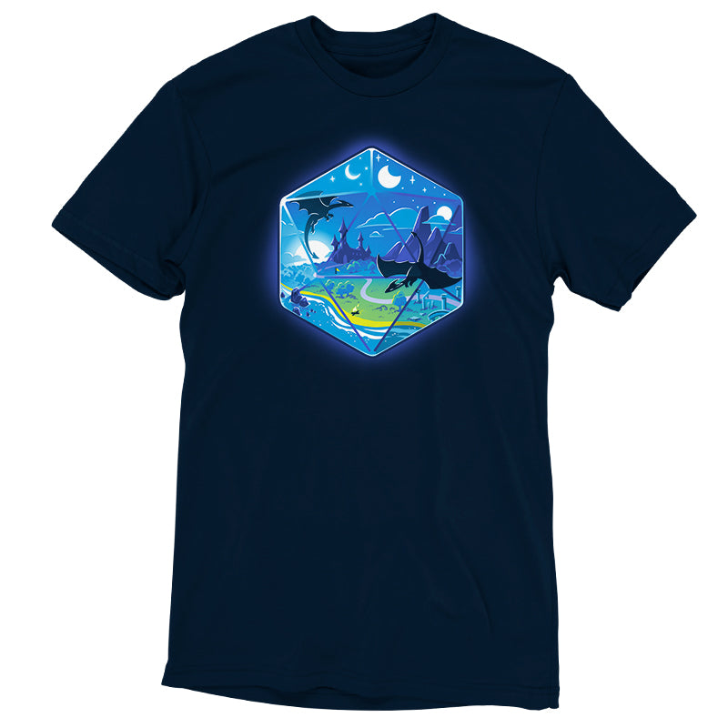 A TeeTurtle D20 Landscape tee with an image of the ocean and a dolphin.