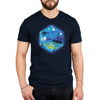 A man wearing a navy TeeTurtle T-shirt depicting the D20 Landscape.