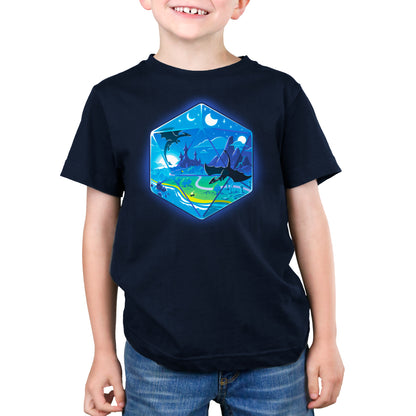 A young boy wearing a navy blue sweatshirt with the D20 Landscape design from TeeTurtle.
