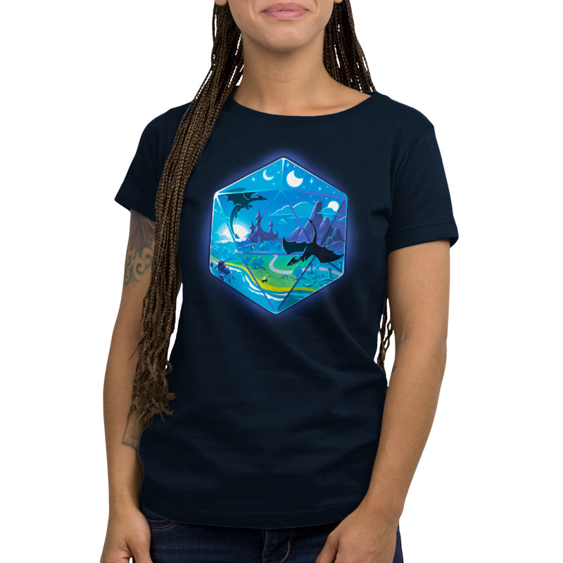 A TeeTurtle original D20 Landscape women's t-shirt featuring an image of the ocean and stars in a fantasy world.