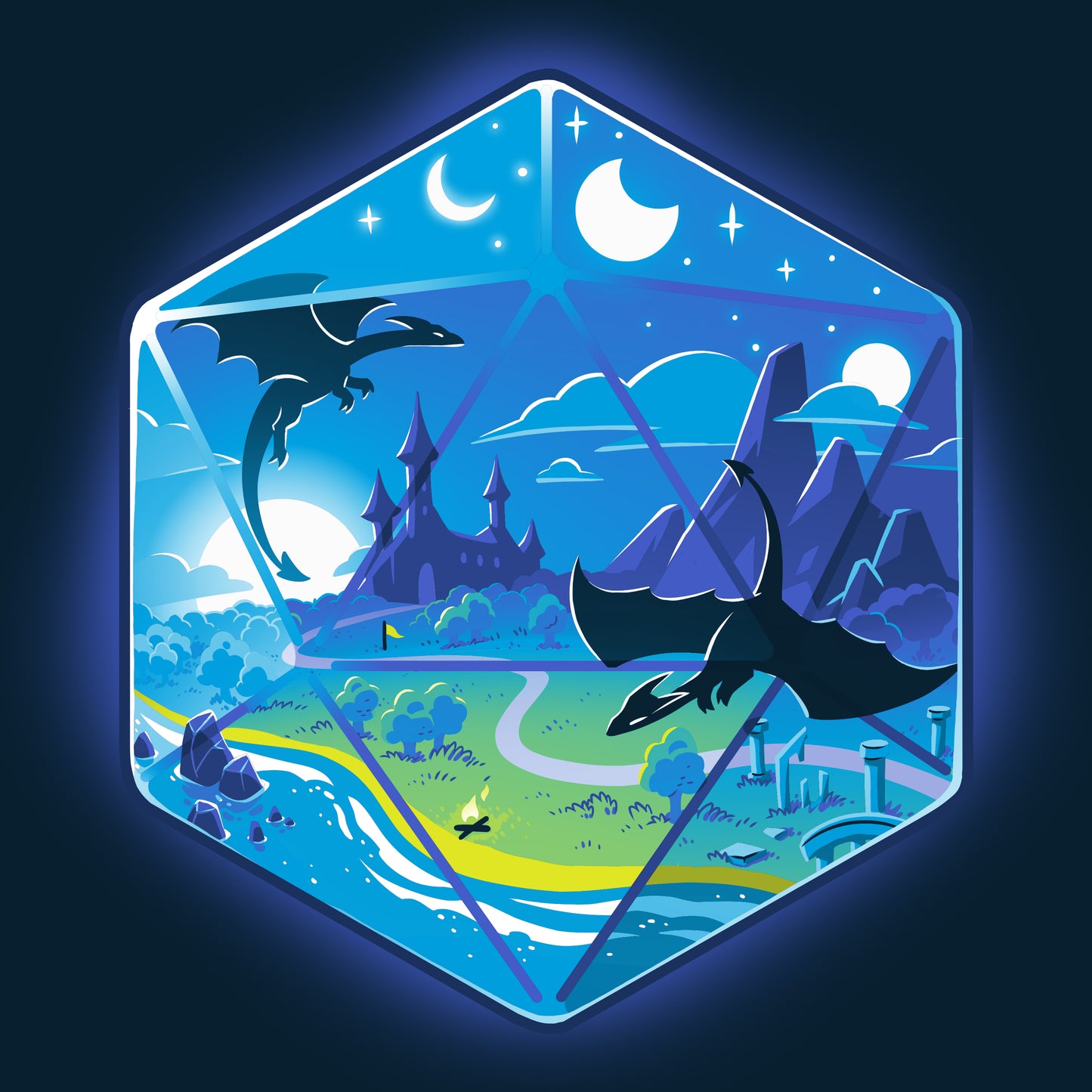 A fantasy world with a D20 Landscape logo featuring a dragon flying over a city by TeeTurtle.