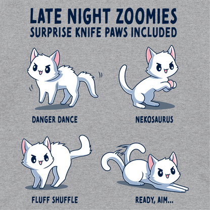 Pullover Hoodie_TeeTurtle light gray Late Night Zoomies Pullover Hoodie featuring four energetic white cats in different playful poses with the text "Late Night Zoomies, Surprise Knife Paws Included" and labels "Danger Dance," "Nekosaurus," "Fluff Shuffle," and "Ready, Aim..."
