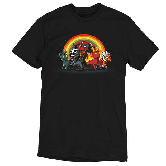 A licensed Marvel Deadpool and Unicorns men's T-shirt featuring cartoon characters and a rainbow on super soft ringspun cotton.
