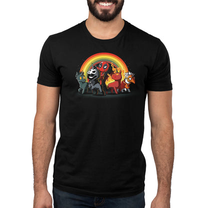 A man wearing an officially licensed Deadpool and Unicorns black t-shirt with a Marvel logo on it, posing in front of a rainbow background.