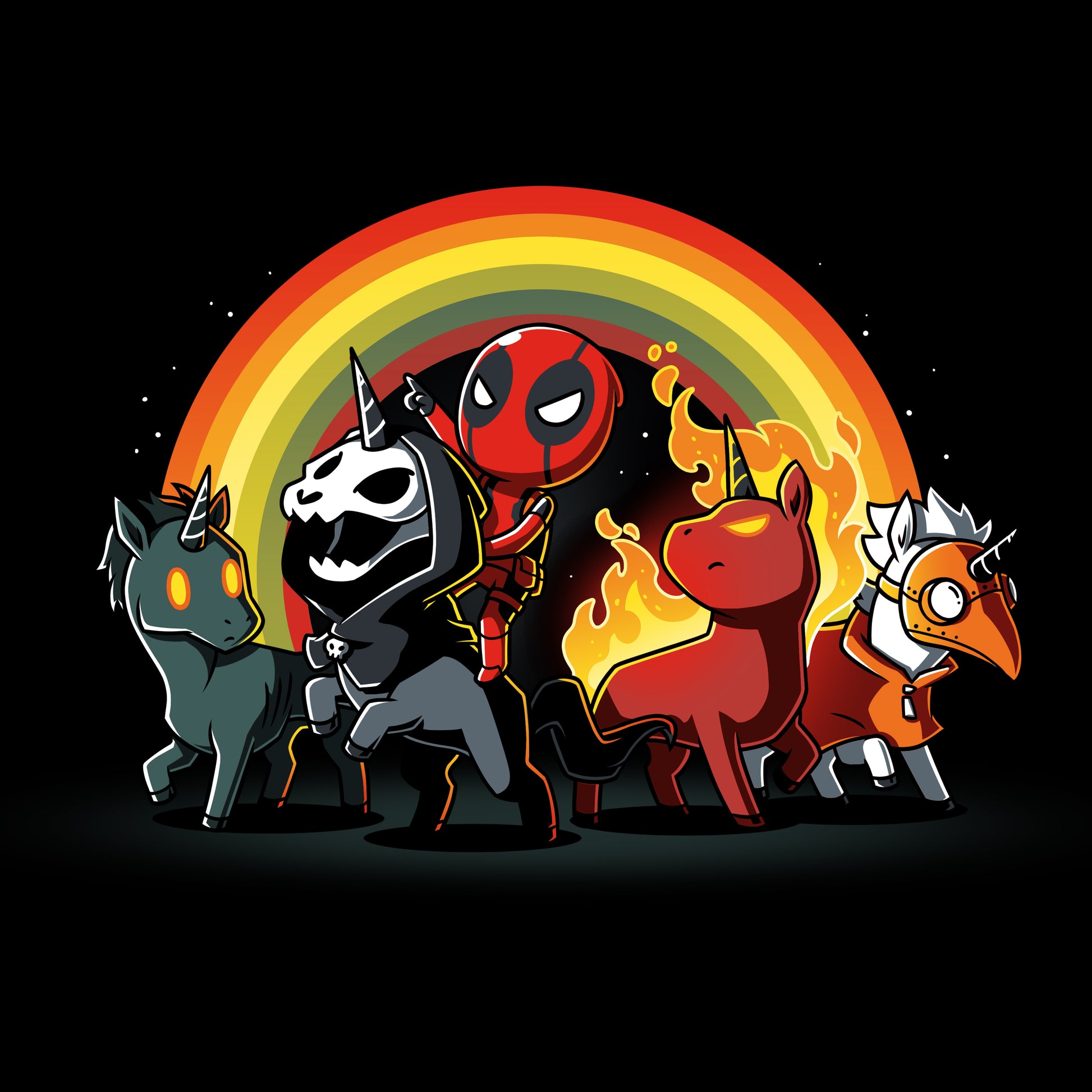 A group of Marvel cartoon characters standing in front of a rainbow on an officially licensed Marvel Deadpool and Unicorns men's T-shirt.