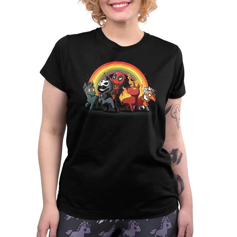 A women's Deadpool and Unicorns black t-shirt with a rainbow in the background, made of Super Soft Ringspun Cotton by Marvel.