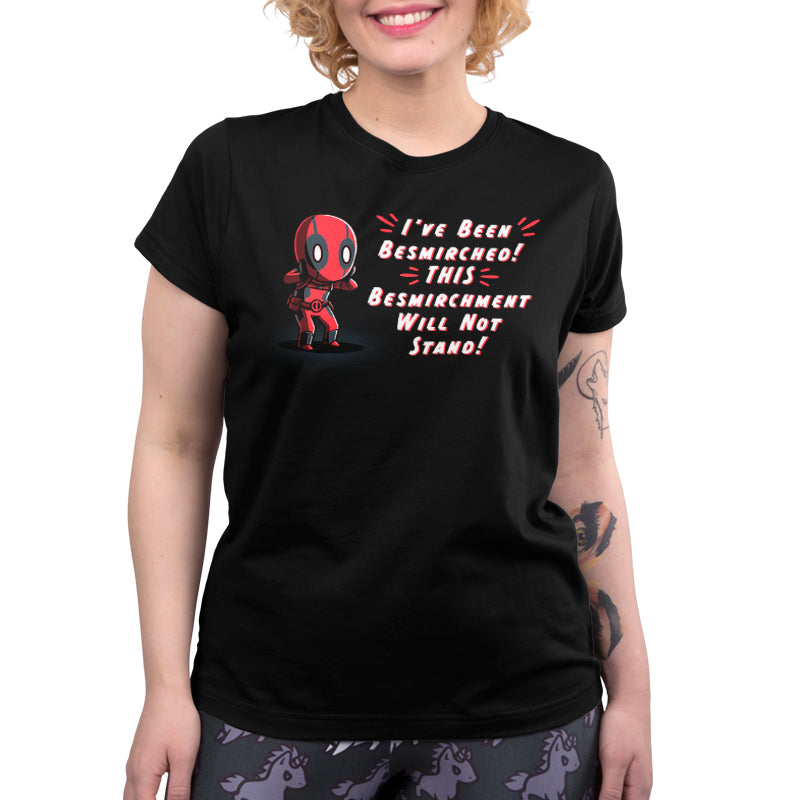 A woman wearing an officially licensed Marvel Deadpool T-shirt named "I've Been Besmirched!