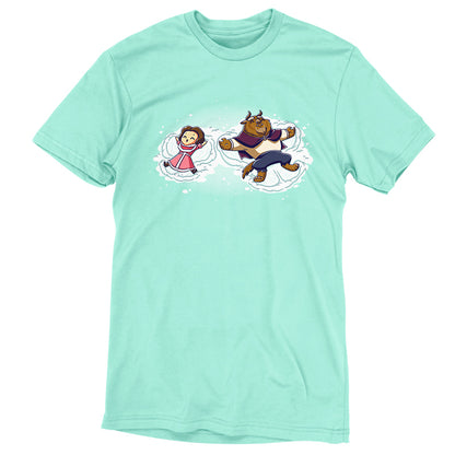 Officially Licensed Disney Snow Angels T-shirt featuring Belle and Beast flying in the air.