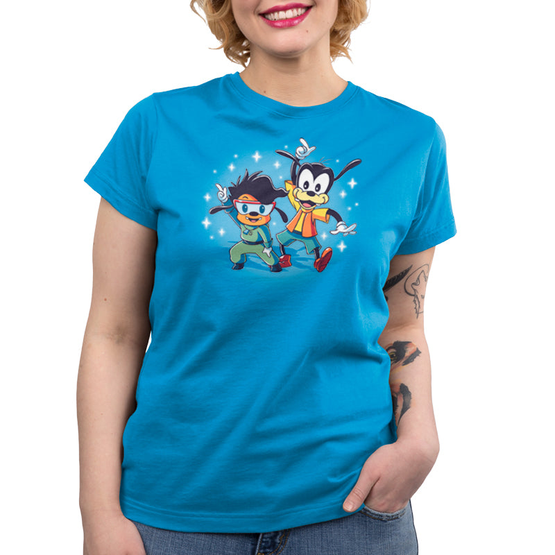 An officially licensed Disney women's t-shirt with two cartoon characters from A Goofy Movie on ringspun cotton.