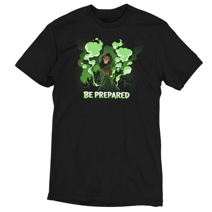 An officially licensed Lion King black t-shirt that says "Be Prepared" by Disney.