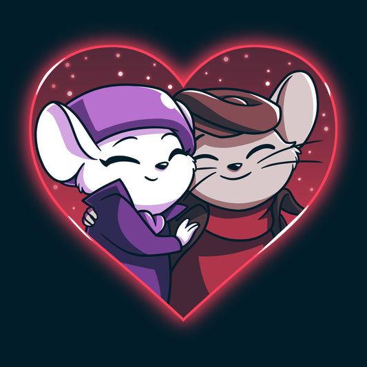Two Bernard and Bianca mice hugging in front of a red heart in a Disney film.