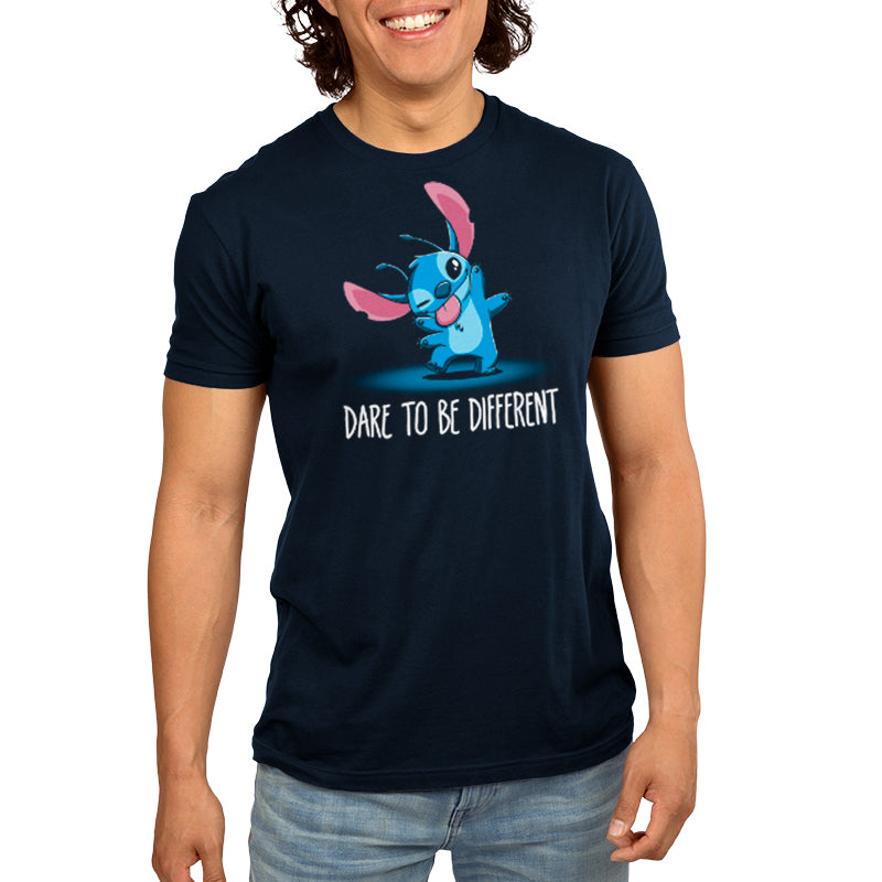 A young man wearing a Disney Dare To Be Different (Stitch) T-shirt that says "don't be shy".