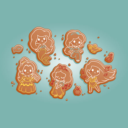 An officially licensed group of Disney Princess Gingerbread Cookies on a blue background featured on a T-shirt.