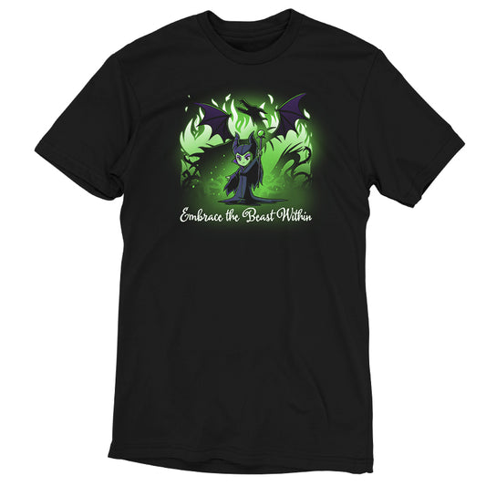 An officially licensed Embrace The Beast Within (Maleficent) Disney T-shirt with an image of a dragon and green flames.