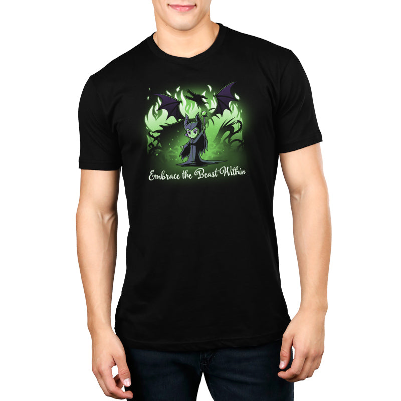 A man wearing an officially licensed Disney Embrace The Beast Within (Maleficent) T-shirt.