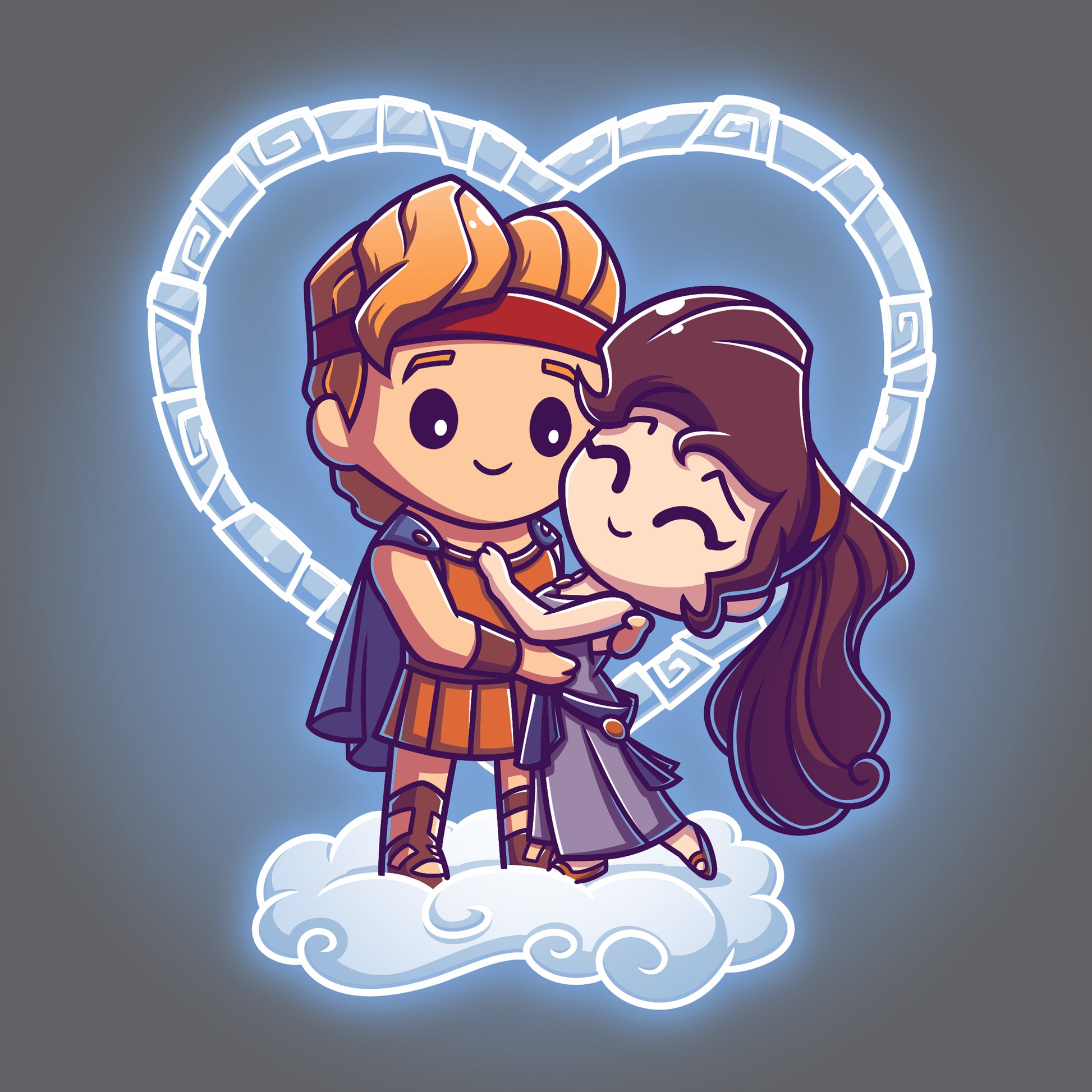 An officially licensed Disney cartoon of Hercules and Megara hugging in front of a heart, perfect for a T-shirt design.