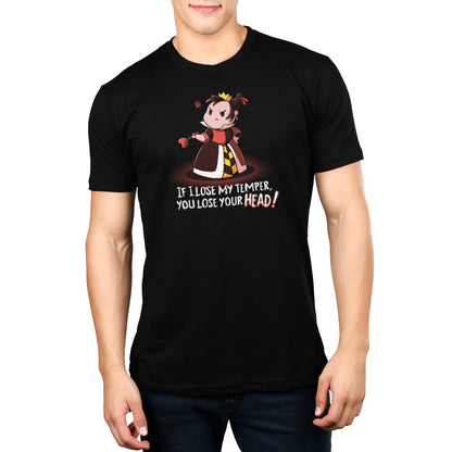 A black T-shirt with an image of a "If I Lose my Temper, You Lose your Head!" Harry Potter character and Queen of Hearts from Disney.