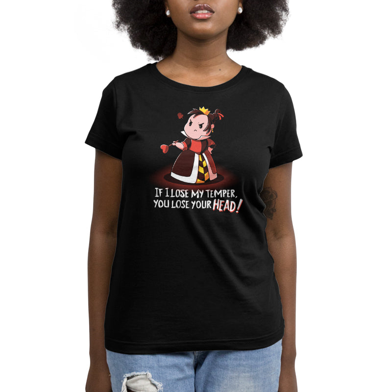 A woman wearing a Disney "If I Lose my Temper, You Lose your Head!" t-shirt.