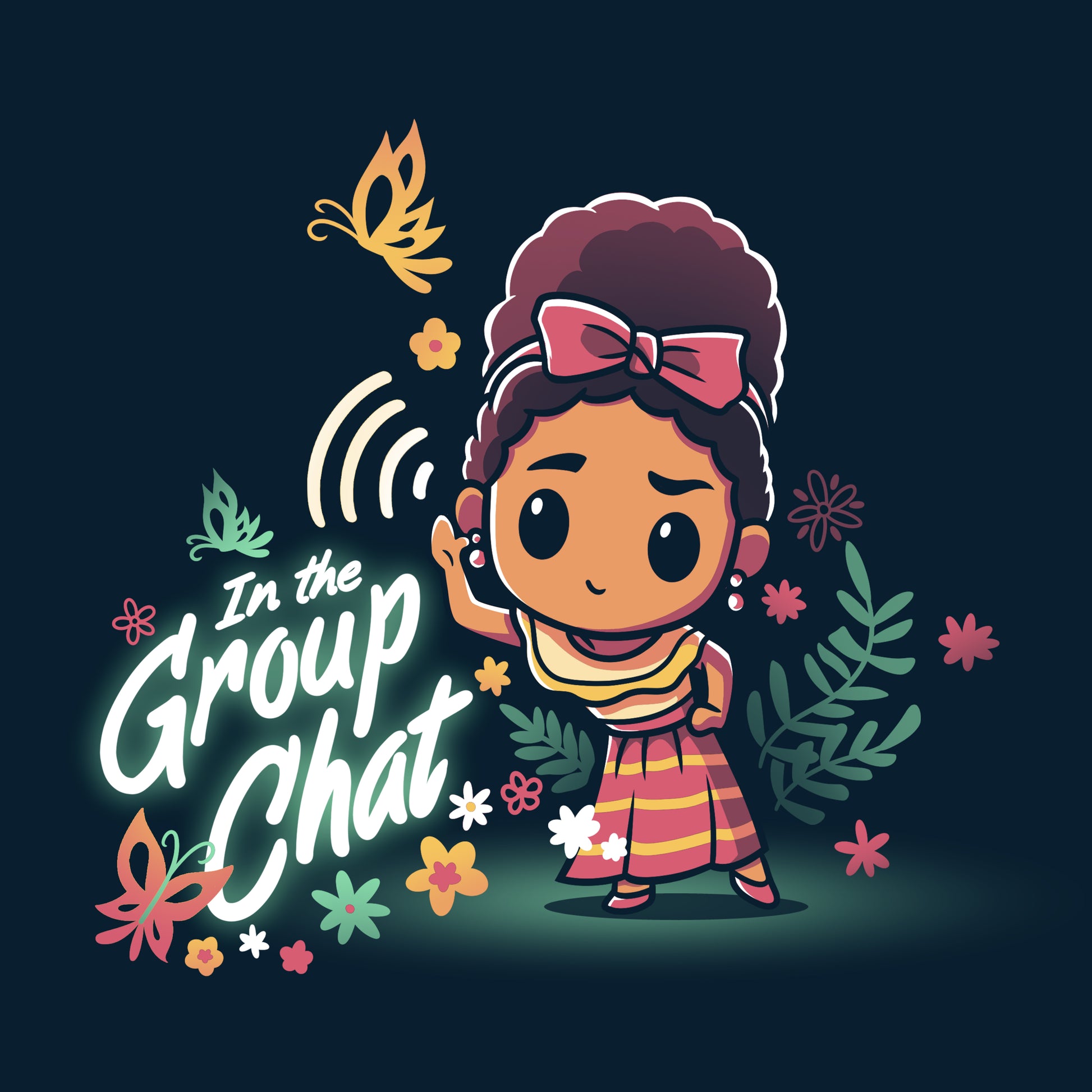 An Encanto-inspired girl with a flower in her hair delightfully joins the "In the Group Chat" from Disney.