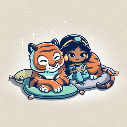 Officially licensed Disney merchandise featuring Jasmine and Rajah sitting on a pillow.