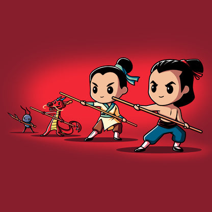 A group of Chinese cartoon characters with swords inspired by Disney's Mulan on a Let's Get Down To Business T-shirt from Disney.
