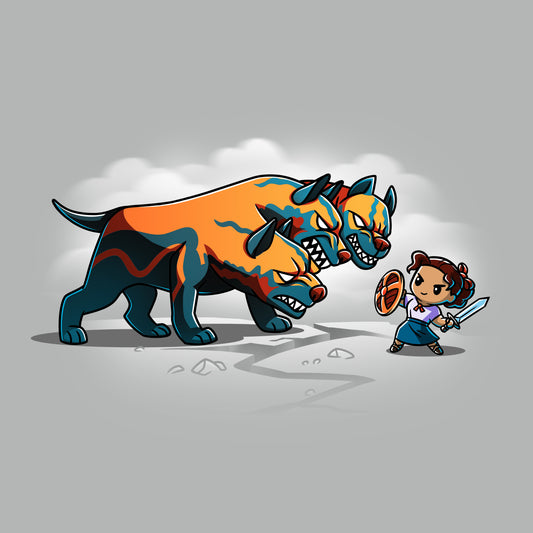 An officially licensed Disney cartoon T-shirt featuring Luisa and Cerberus from Encanto wielding a sword alongside a faithful dog companion.