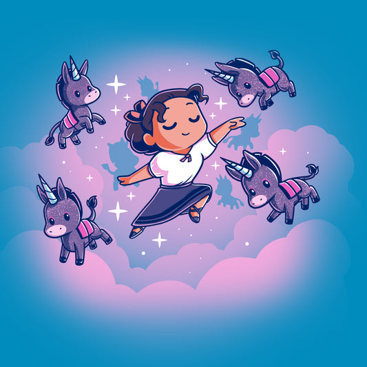 A girl is flying in the sky with a group of Disney's Luisa's Dream donkeys.