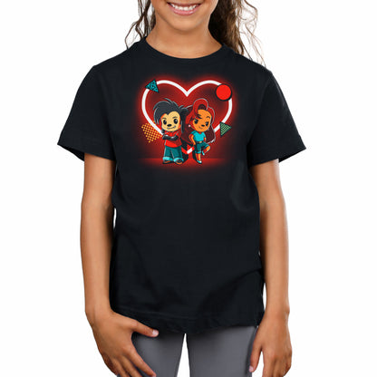 A girl wearing a Disney Max and Roxanne T-shirt.