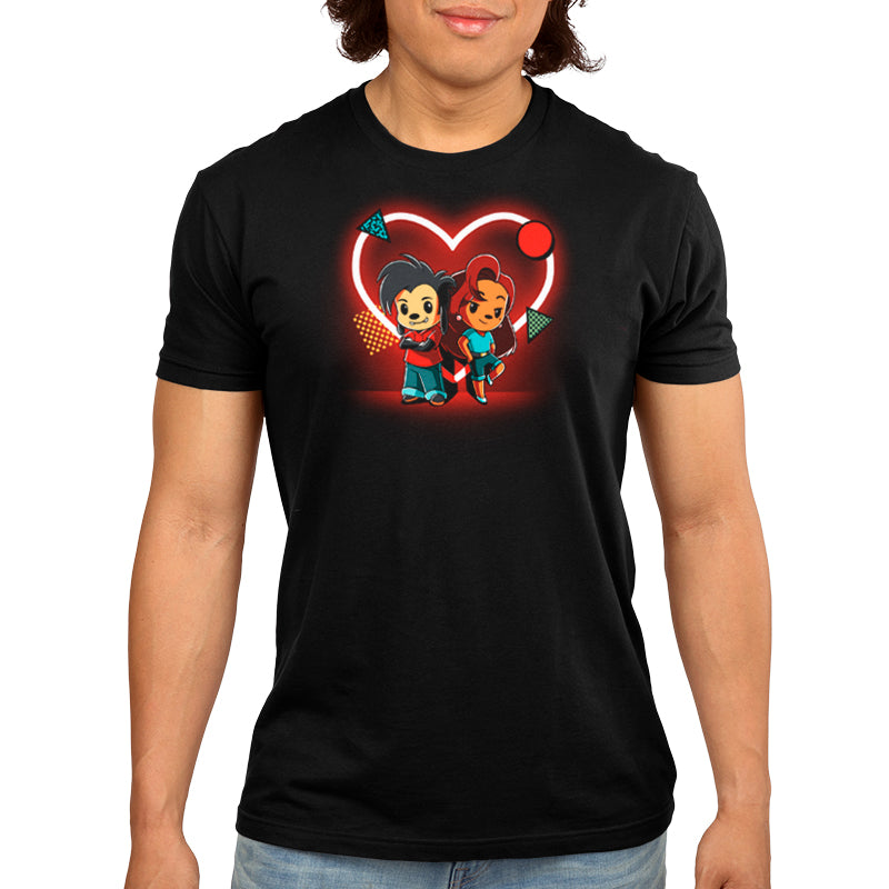 A black men's t-shirt with an officially licensed Disney image of Max and Roxanne, featuring a heart.