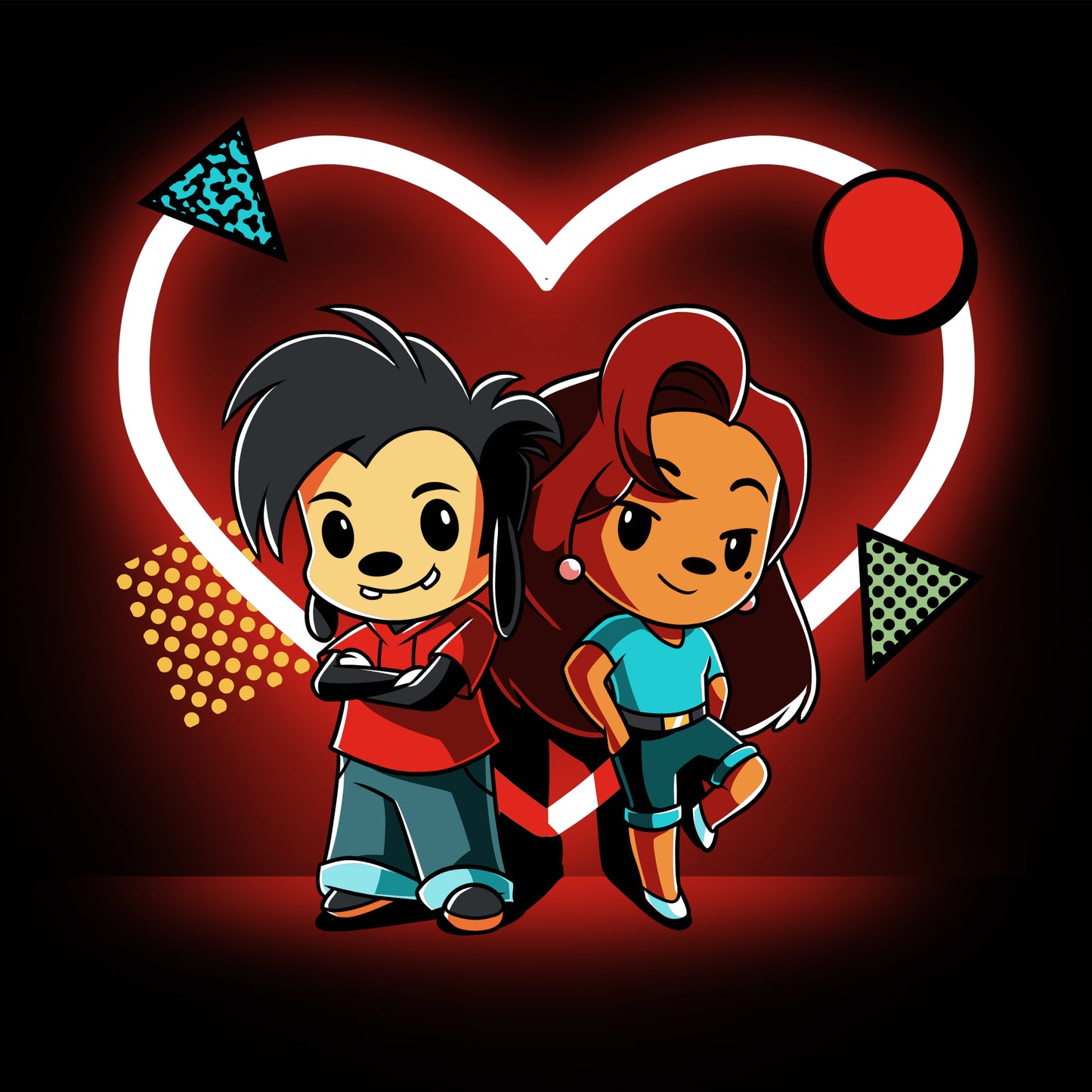 Two Max and Roxanne cartoon characters standing in front of a red heart on a Disney licensed T-shirt.