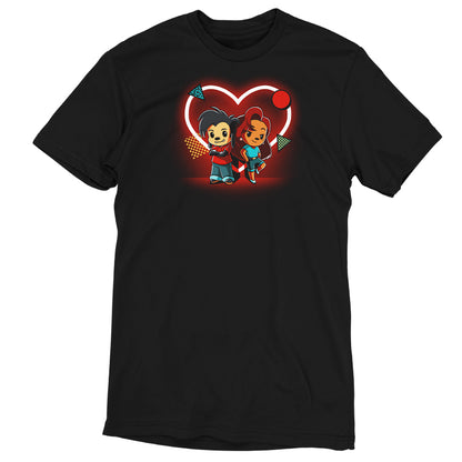 A Disney officially licensed Max and Roxanne black T-shirt featuring a heartwarming image of a boy and girl.